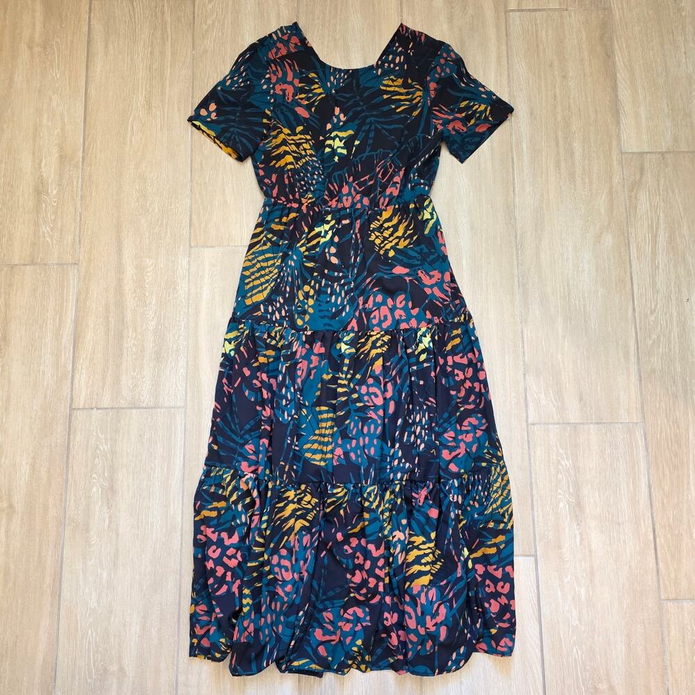 See U Soon Teal Coral Tropical Palm Leaf V-Neck Smocked Waist Maxi Dress M